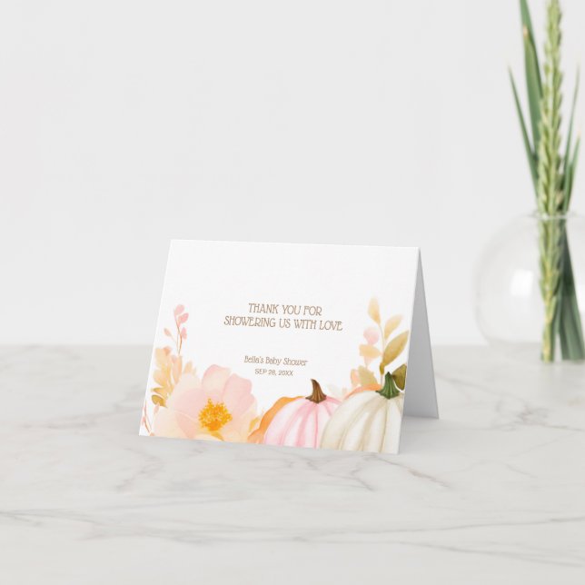 Tarjeta De Agradecimiento Baby Shower de caída de calabaza rosa (Anverso)