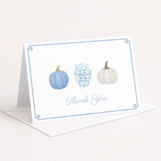 Tarjeta De Agradecimiento Baby Shower de calabazas de Chinoiserie azul prepp (Preppy blue and white watercolor pumpkins thank you card design with ginger jar)