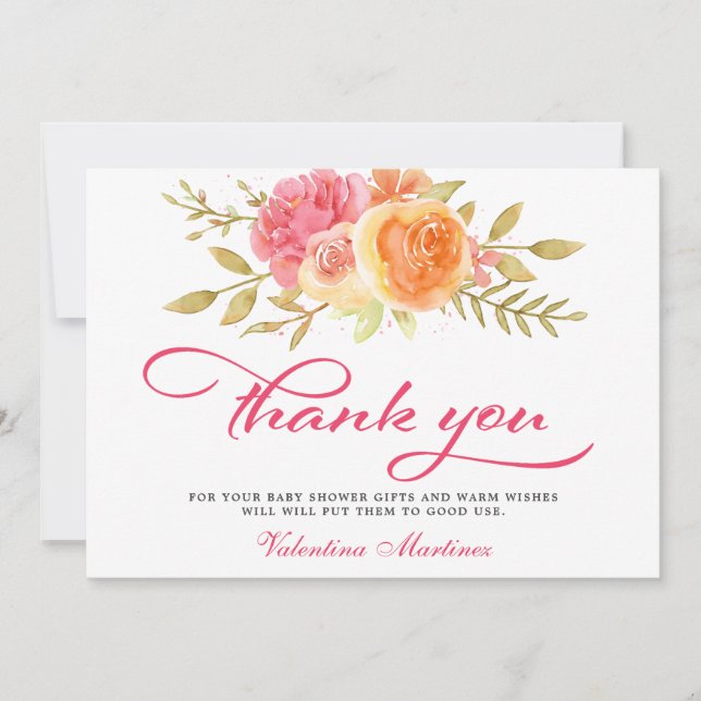 Tarjeta De Agradecimiento Baby Shower de caligrafía floral rosa (Anverso)