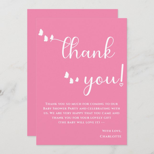 Tarjeta De Agradecimiento Baby Shower de caligrafía moderna de mariposa míni (Anverso / Reverso)