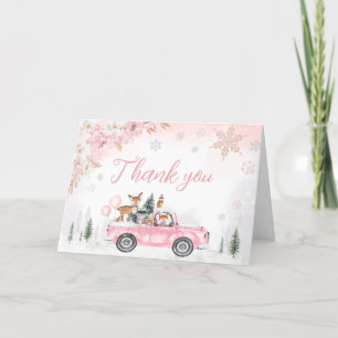 Tarjeta De Agradecimiento Baby Shower de Camión Woodland de Invierno Rosa