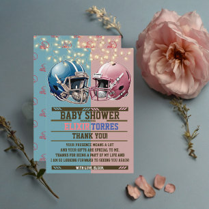 Tarjeta De Agradecimiento Baby Shower de cascos de fútbol americano azul y r
