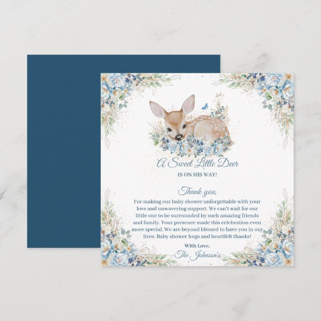 Tarjeta De Agradecimiento Baby Shower de ciervo floral azul y beige (Anverso / Reverso)