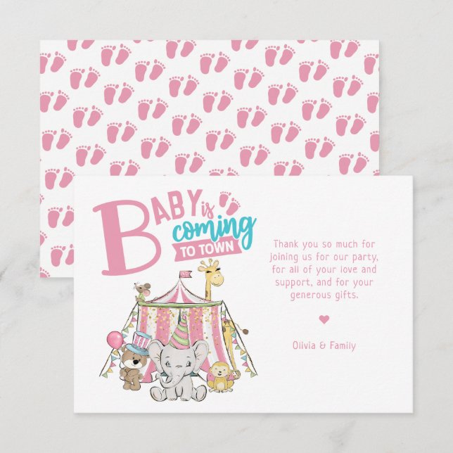 Tarjeta De Agradecimiento Baby Shower de circo de carnaval rosado (Anverso / Reverso)