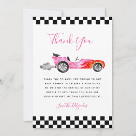 Tarjeta De Agradecimiento Baby Shower de coches de carreras rosadas