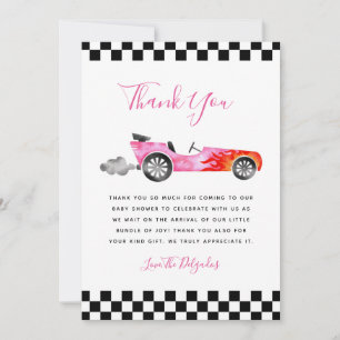 Tarjeta De Agradecimiento Baby Shower de coches de carreras rosadas