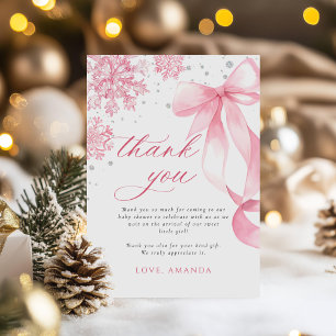 Tarjeta De Agradecimiento Baby Shower de copos de nieve rosados en invierno