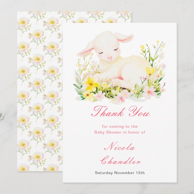 Tarjeta De Agradecimiento Baby Shower de cordero de primavera (Anverso / Reverso)