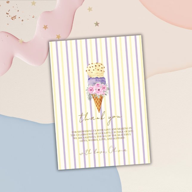 Tarjeta De Agradecimiento Baby Shower de crema de hielo amarillo morado flor (Yellow Purple Floral Scoop Ice Cream Baby Shower Thank You Card)