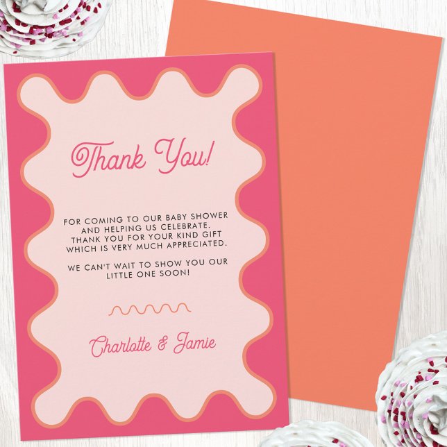 Tarjeta De Agradecimiento Baby Shower de curva rosa ondulada retro (Retro modern wavy curve pink orange personalized baby shower thank you card)