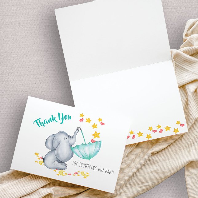Tarjeta De Agradecimiento Baby Shower de Cute Elephant Cating Calling Stars (Cute baby elephant thank you card)
