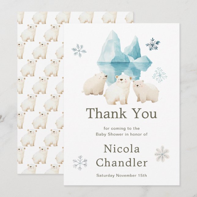 Tarjeta De Agradecimiento Baby Shower de Cute Winter Polar Bears (Anverso / Reverso)