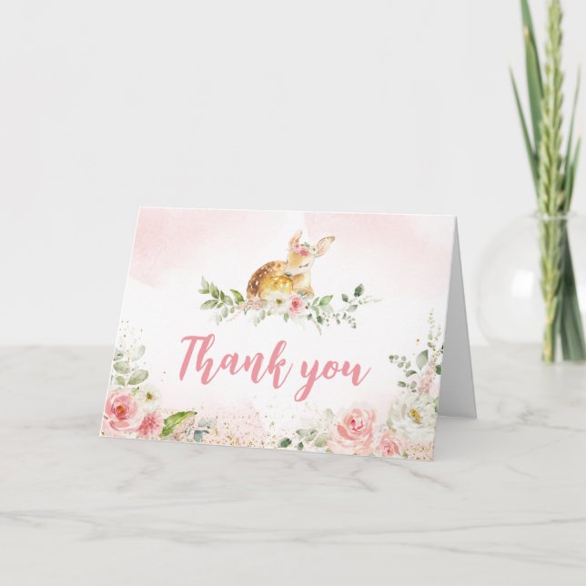 Tarjeta De Agradecimiento Baby Shower de Deer Floral Rosa (Anverso)