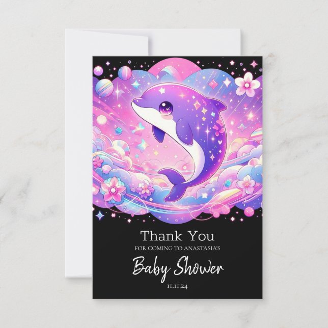 Tarjeta De Agradecimiento Baby Shower de delfín encantado (Anverso)