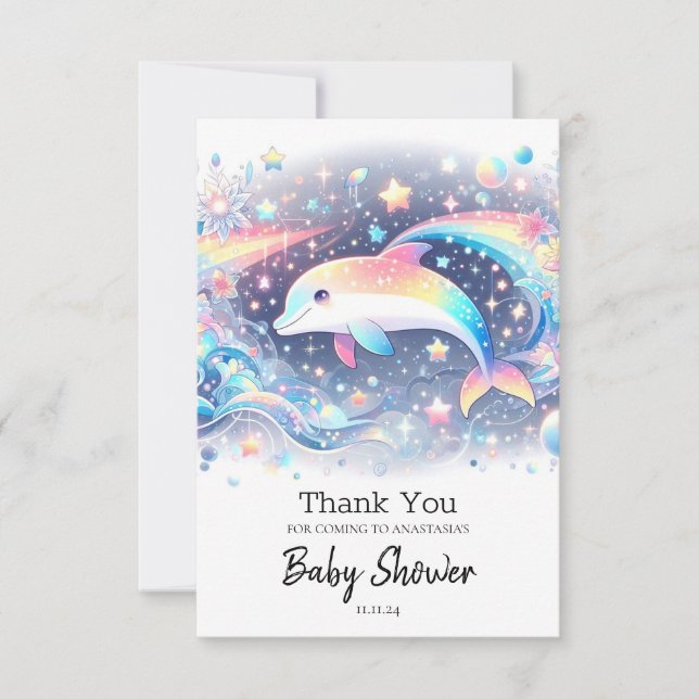 Tarjeta De Agradecimiento Baby Shower de delfines pequeños encantados (Anverso)