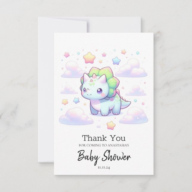 Tarjeta De Agradecimiento Baby Shower de dinosaurio mágico pastel (Anverso)