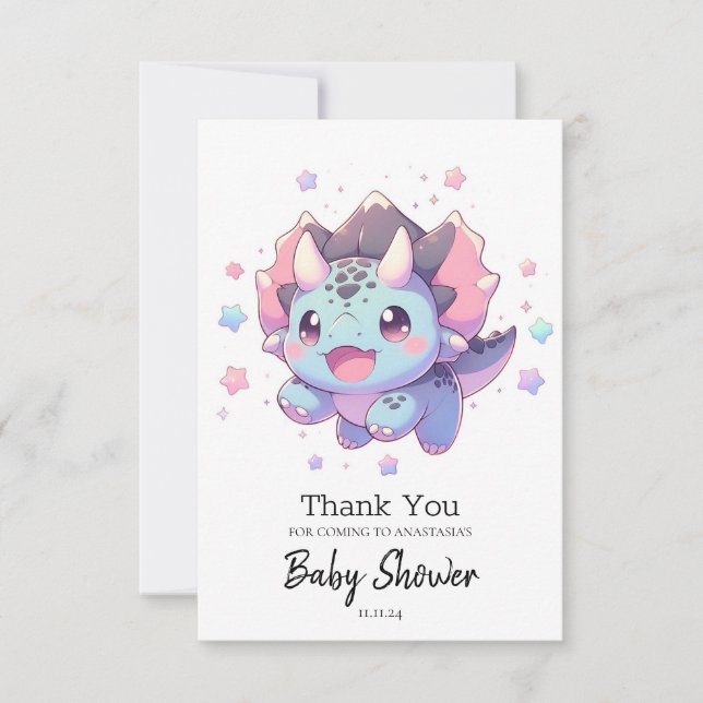 Tarjeta De Agradecimiento Baby Shower de dinosaurios dulces míticos (Anverso)