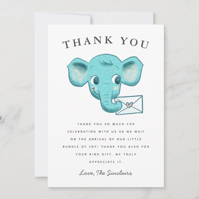 Tarjeta De Agradecimiento Baby Shower de distanciamiento social del elefante (Anverso)
