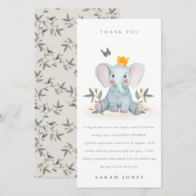 Tarjeta De Agradecimiento Baby Shower de elefante de bebé de bosque (Anverso / Reverso)