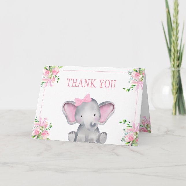 Tarjeta De Agradecimiento Baby Shower de Elefante Floral Rosa (Anverso)