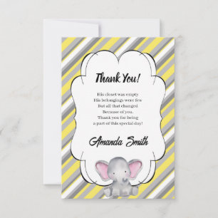 Tarjeta De Agradecimiento Baby Shower de elefante rayado gris y amarillo