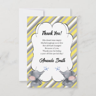 Tarjeta De Agradecimiento Baby Shower de elefante rayado gris y amarillo
