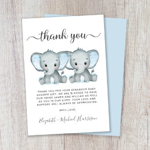 Tarjeta De Agradecimiento Baby Shower de elefantes gemelos cute