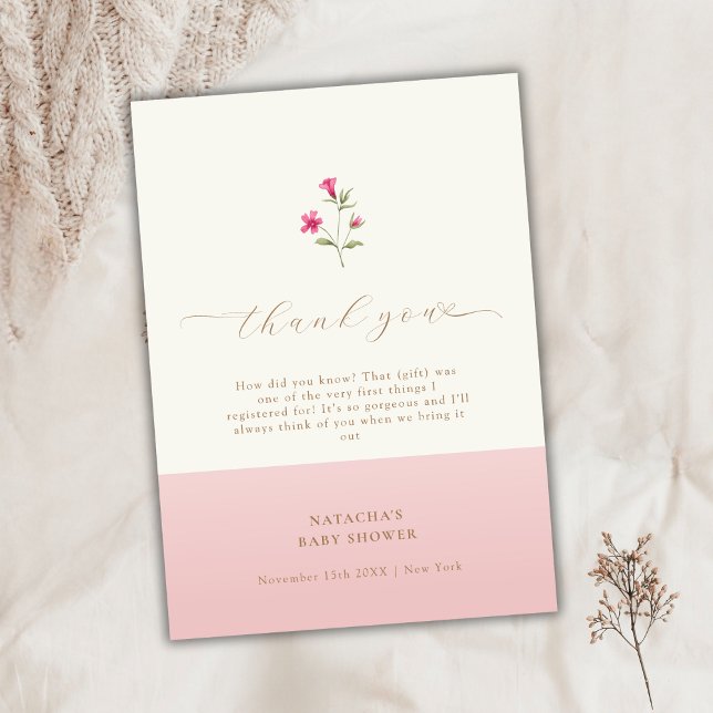 Tarjeta De Agradecimiento Baby Shower de Flor salvaje Boho Mínimo Rosa Moder (Pink Modern Minimal Boho Wildflower Baby Shower Thank You Card)