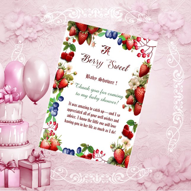 Tarjeta De Agradecimiento Baby Shower de fresa roja | Blue Berry Sweet Cute (Red Strawberry Baby Shower | Blue Berry Sweet Cute Thank You Card)