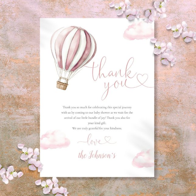 Tarjeta De Agradecimiento Baby Shower de globo de aire caliente cúbito rosa (Cute Pink Hot Air Balloon Baby Shower Thank You Card)