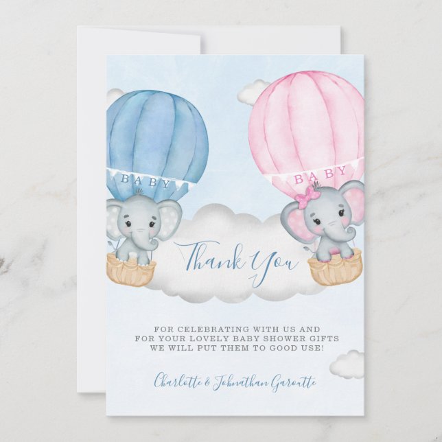 Tarjeta De Agradecimiento Baby Shower de globo de elefante revelado por géne (Anverso)