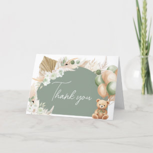 Tarjeta De Agradecimiento Baby Shower de globo de oso de boho verde