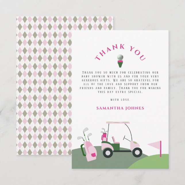 Tarjeta De Agradecimiento Baby Shower de golf rosa moderno (Anverso / Reverso)