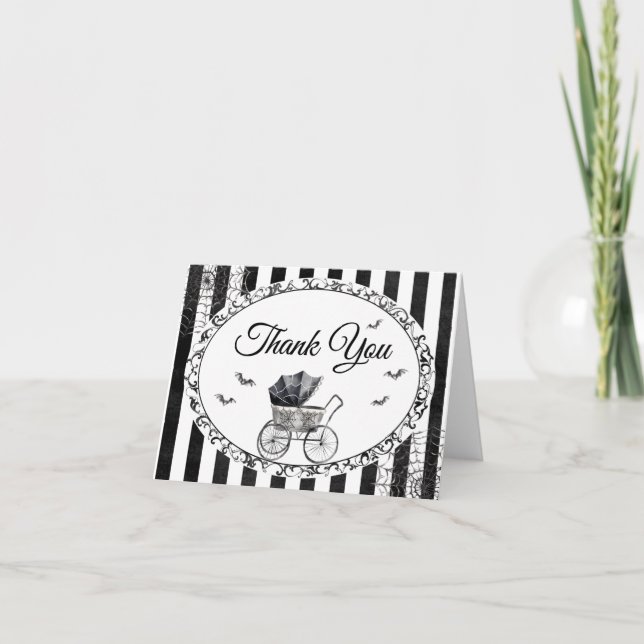 Tarjeta De Agradecimiento Baby Shower de Halloween con transporte gótico (Anverso)