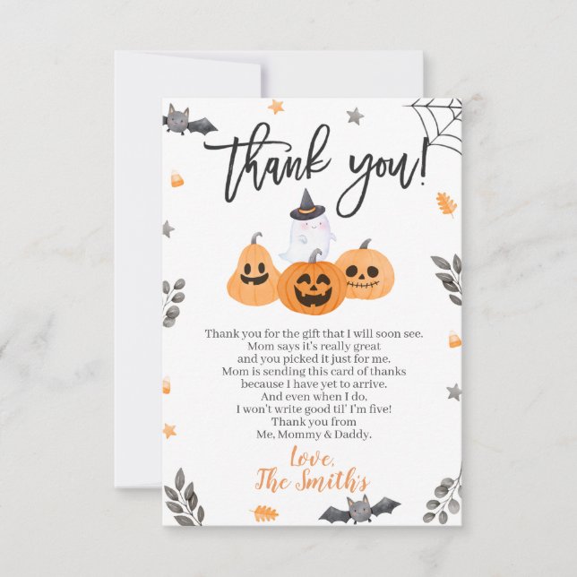 Tarjeta De Agradecimiento Baby Shower de Halloween Gracias Cartas Pequeño Bo (Anverso)