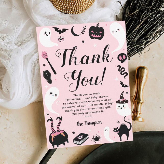 Tarjeta De Agradecimiento Baby Shower de Halloween rosa (Subido por el creador)