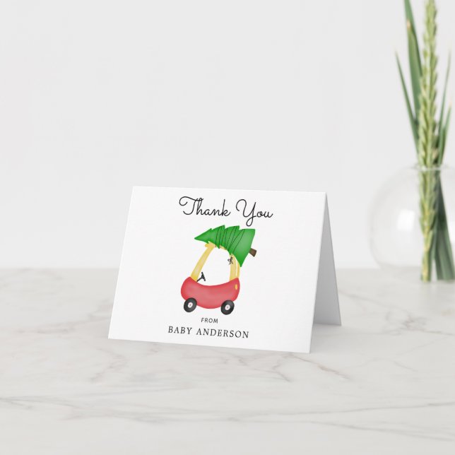 Tarjeta De Agradecimiento Baby Shower de Holiday Red Car Gracias (Anverso)