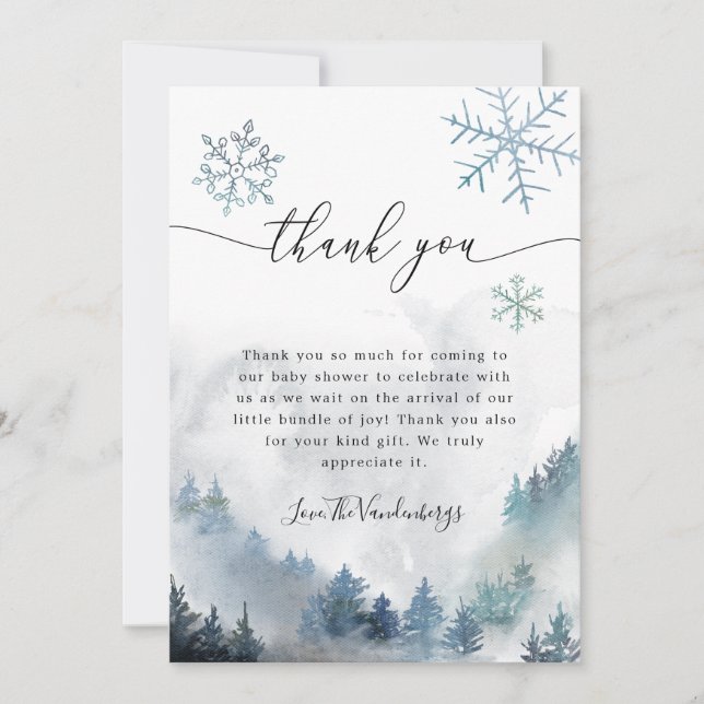 Tarjeta De Agradecimiento Baby Shower de invierno Blue Snowflakes (Anverso)