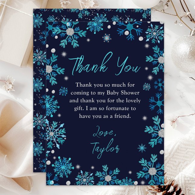 Tarjeta De Agradecimiento Baby Shower de invierno con copos de nieve azules  (Subido por el creador)