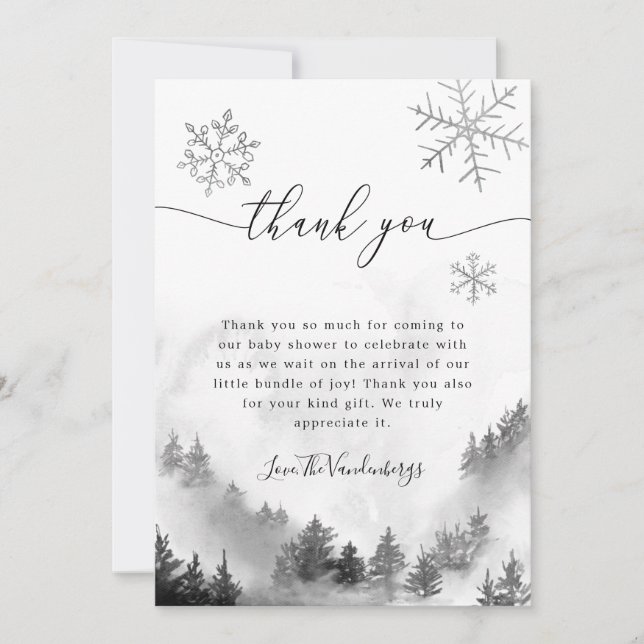 Tarjeta De Agradecimiento Baby Shower de invierno con copos de nieve gris (Anverso)