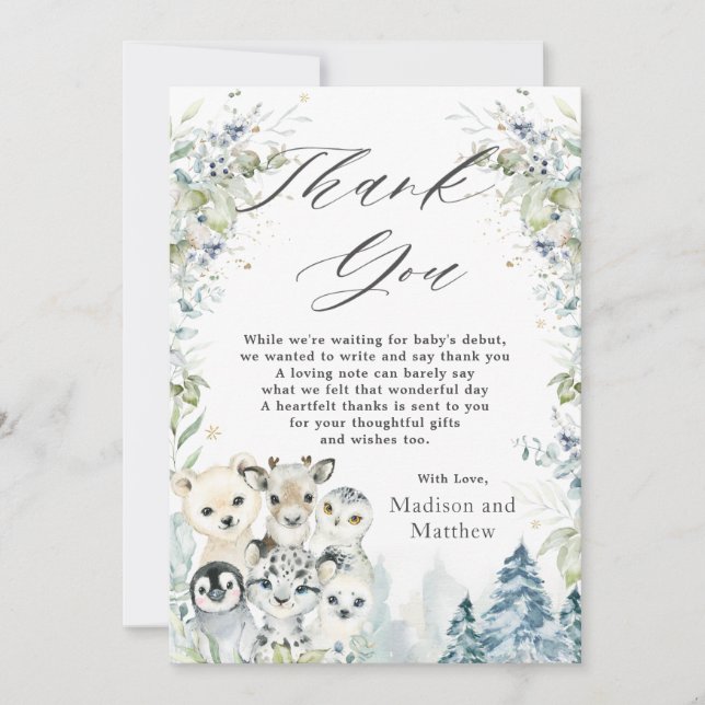 Tarjeta De Agradecimiento Baby Shower de invierno de los animales del Ártico (Anverso)
