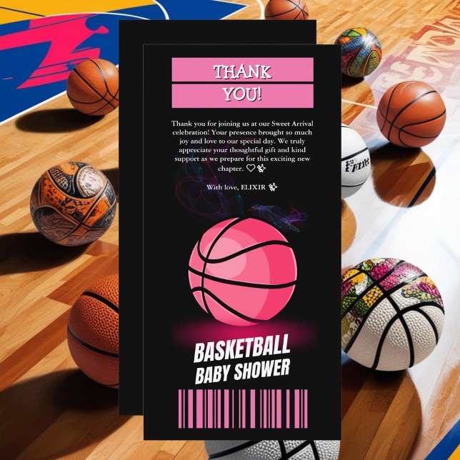 Tarjeta De Agradecimiento Baby Shower de la boleta de baloncesto rosa modern (Subido por el creador)