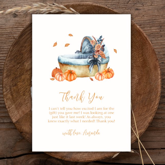 Tarjeta De Agradecimiento Baby Shower de la cuna de calabaza de piel de roll (Vintage Rustic Fall Pumpkin Crib Baby Shower Thank You Card)