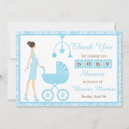 Tarjeta De Agradecimiento Baby Shower de la mujer de Blue Damask Brunette