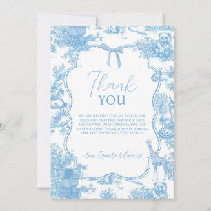 Tarjeta De Agradecimiento Baby Shower de la tela blanca azul de Jouy Bear