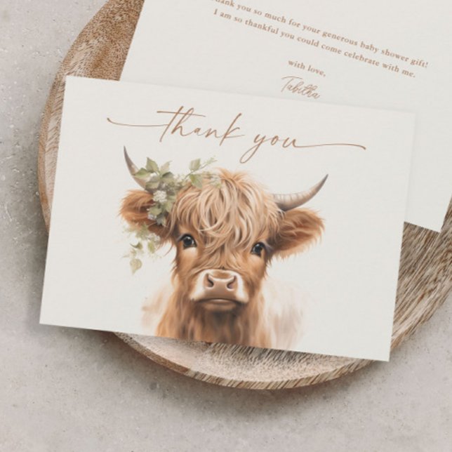 Tarjeta De Agradecimiento Baby Shower de las parejas neutrales de Boho Highl (Boho highland cow baby shower thank you card.)
