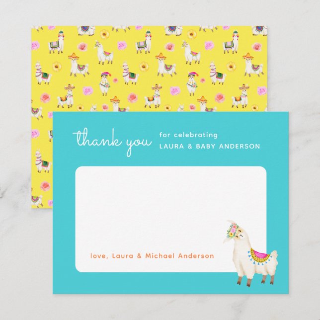 Tarjeta De Agradecimiento Baby Shower de Llama Turquesa y Amarilla (Anverso / Reverso)