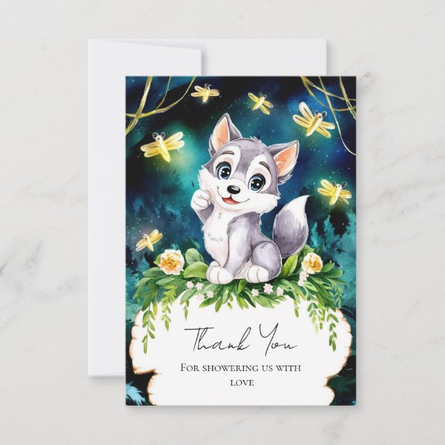 Tarjeta De Agradecimiento Baby Shower de Lobo Forestal Encantado (Anverso)