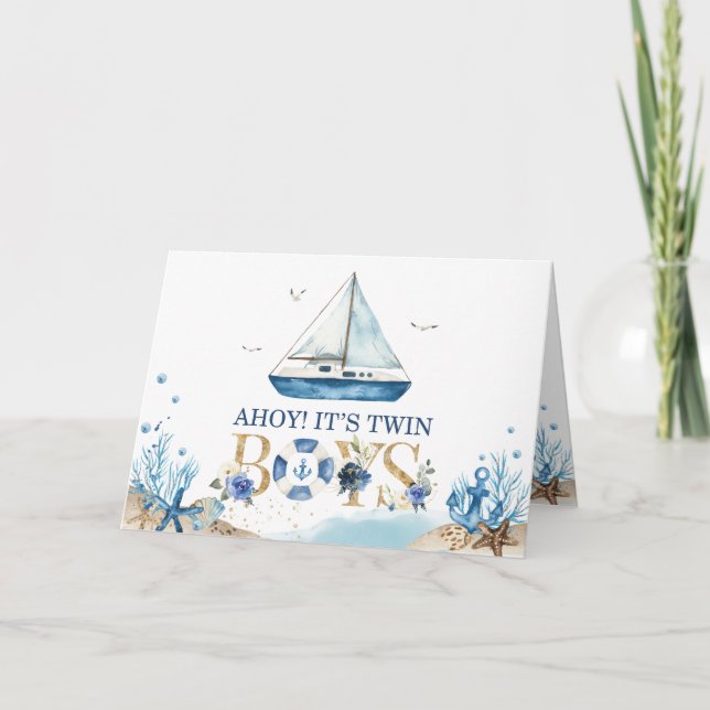 Tarjeta De Agradecimiento Baby Shower de los Twins Boys Nautical Boat Ahoy (Anverso)