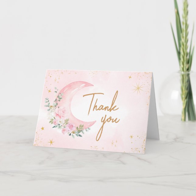 Tarjeta De Agradecimiento Baby Shower de Luna Rosa y Estrellas (Anverso)
